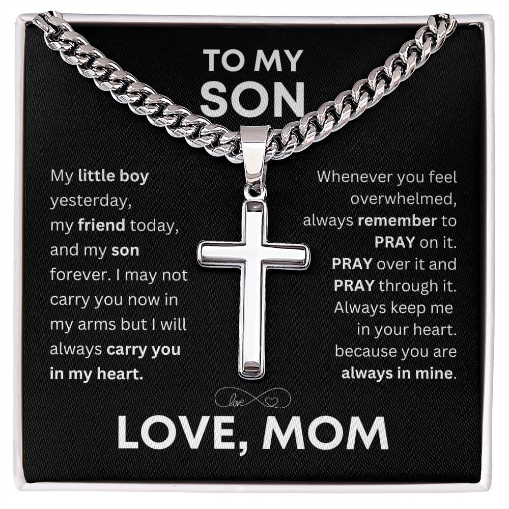"To My Son" Cross Pendant Necklace, Stainless Steel Cuban Chain π