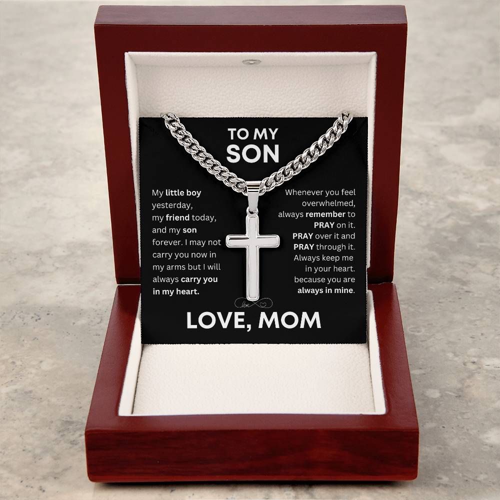 "To My Son" Cross Pendant Necklace, Stainless Steel Cuban Chain π