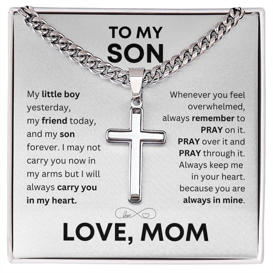 "To My Son" Cross Pendant Necklace, Stainless Steel Cuban Chain