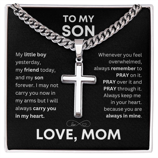 "To My Son" Cross Pendant Necklace, Stainless Steel Cuban Chain 💕