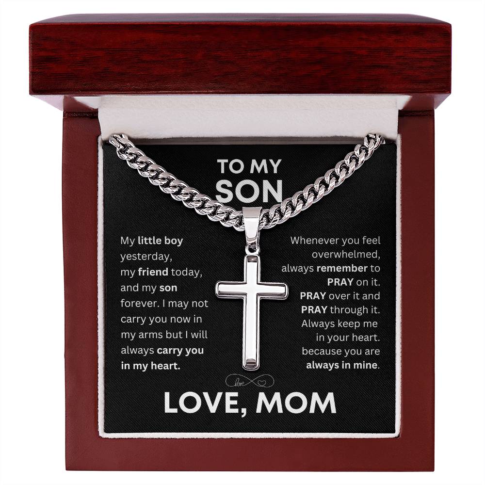 "To My Son" Cross Pendant Necklace, Stainless Steel Cuban Chain 💕